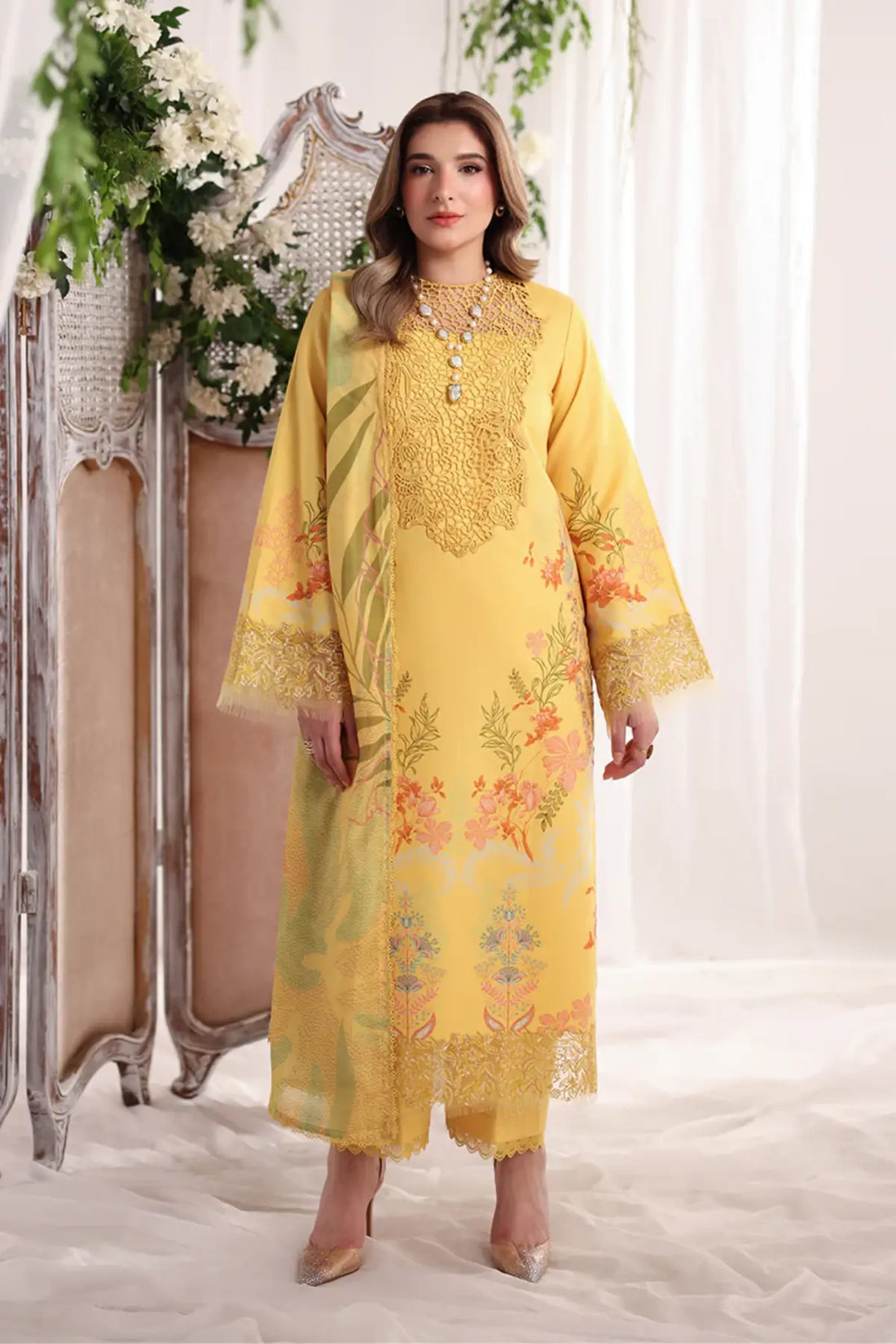 Aurora Rang Rasiya Marigold embroidered lawn stitched suit with Schiffli neckline, organza borders, gold crush dupatta and cotton trousers