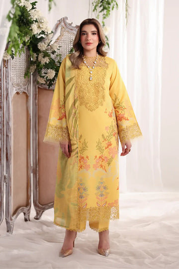 Aurora Rang Rasiya Marigold embroidered lawn stitched suit with Schiffli neckline, organza borders, gold crush dupatta and cotton trousers
