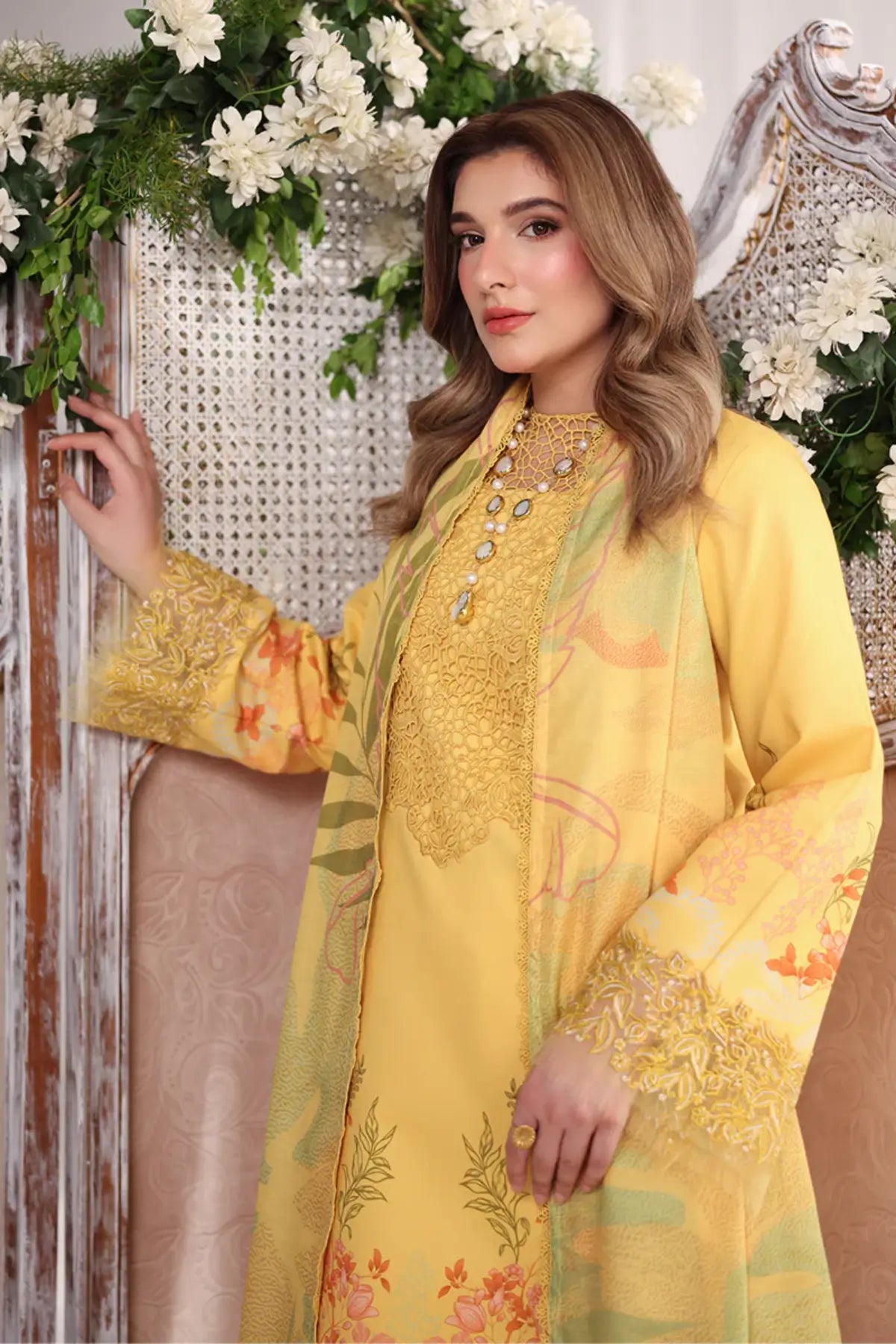 Aurora Rang Rasiya Marigold embroidered lawn stitched suit with Schiffli neckline, organza borders, gold crush dupatta and cotton trousers