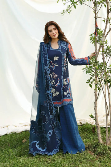 Avaia navy Eid wear stitched printed lawn 3PC suit by Afrozeh with embroidered organza dupatta