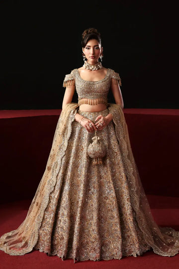 Aveline gold bridal stitched lehenga choli from Akbar Aslam Serena Bridal Edit '26 crafted in organza with silk inner.