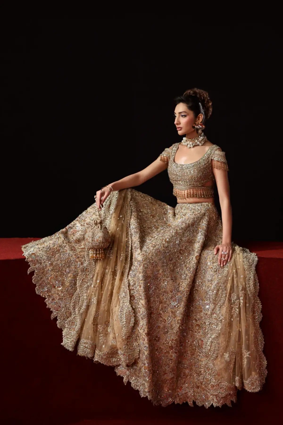 Aveline gold bridal stitched lehenga choli from Akbar Aslam Serena Bridal Edit '26 crafted in organza with silk inner.