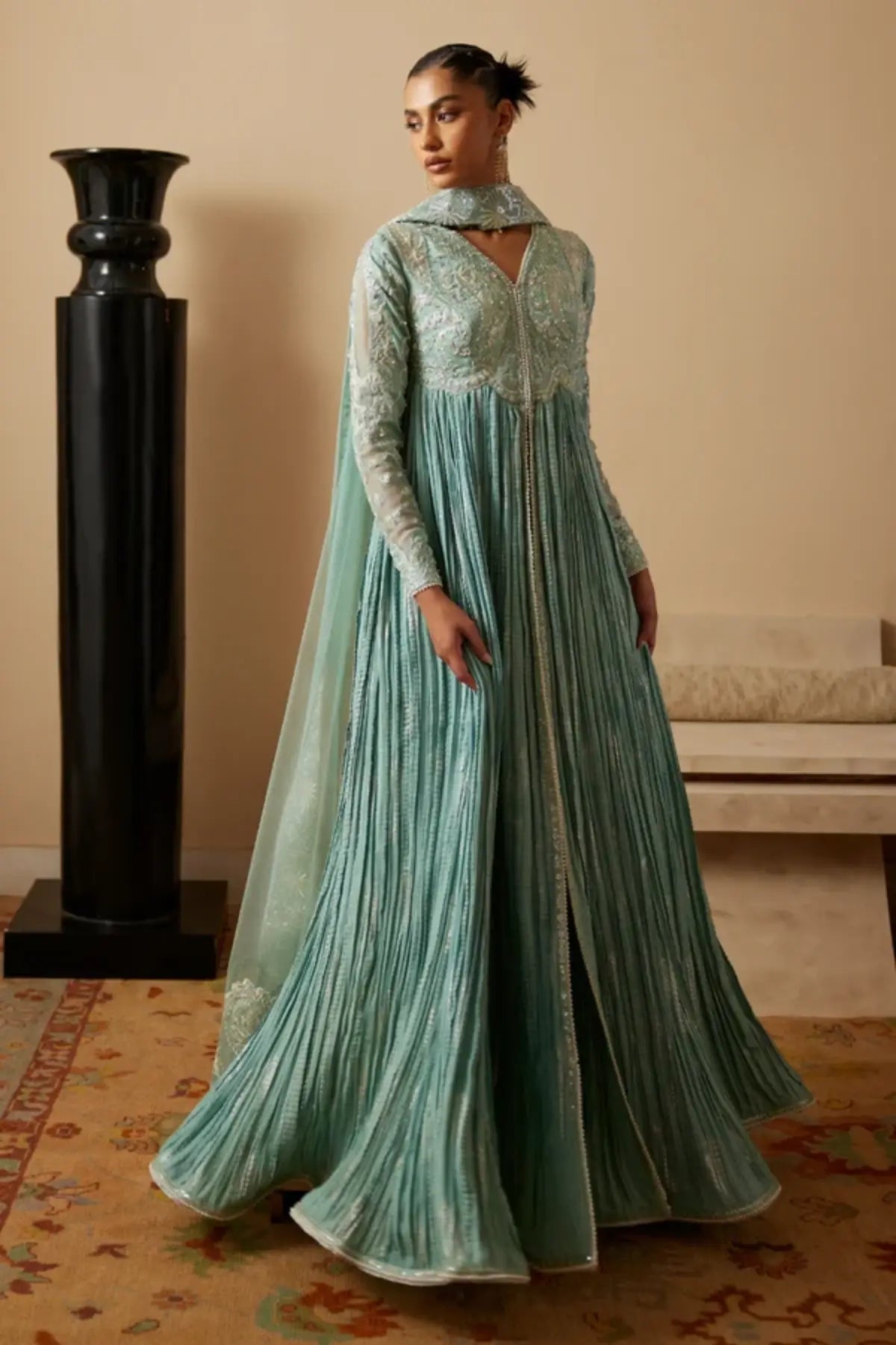 Aveline Soraya Silk Edit '26 aquatic blue crushed raw silk Peshwas with embroidered net dupatta