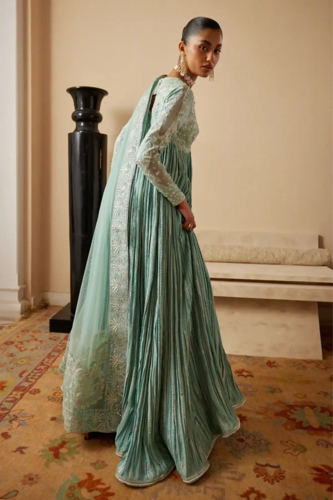 Aveline Soraya Silk Edit '26 aquatic blue crushed raw silk Peshwas with embroidered net dupatta