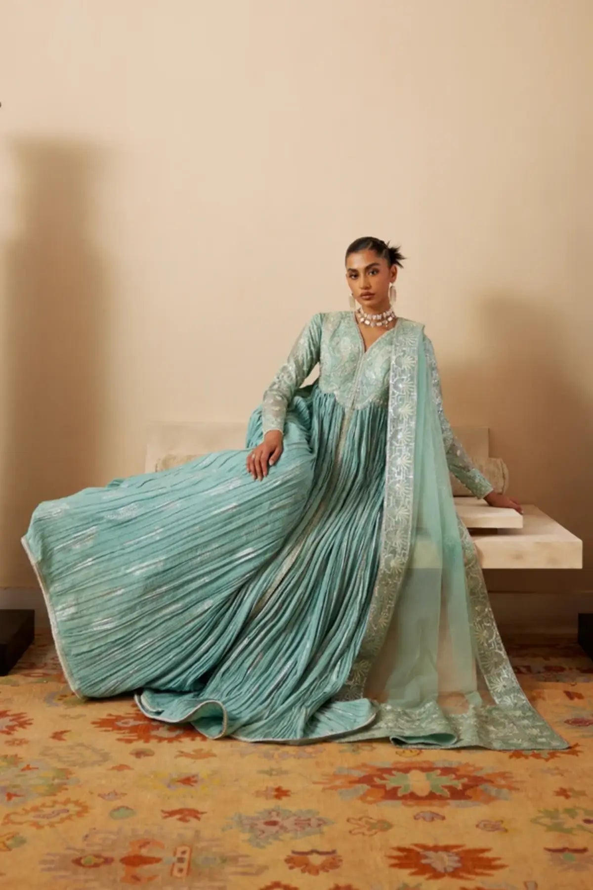 Aveline Soraya Silk Edit '26 aquatic blue crushed raw silk Peshwas with embroidered net dupatta