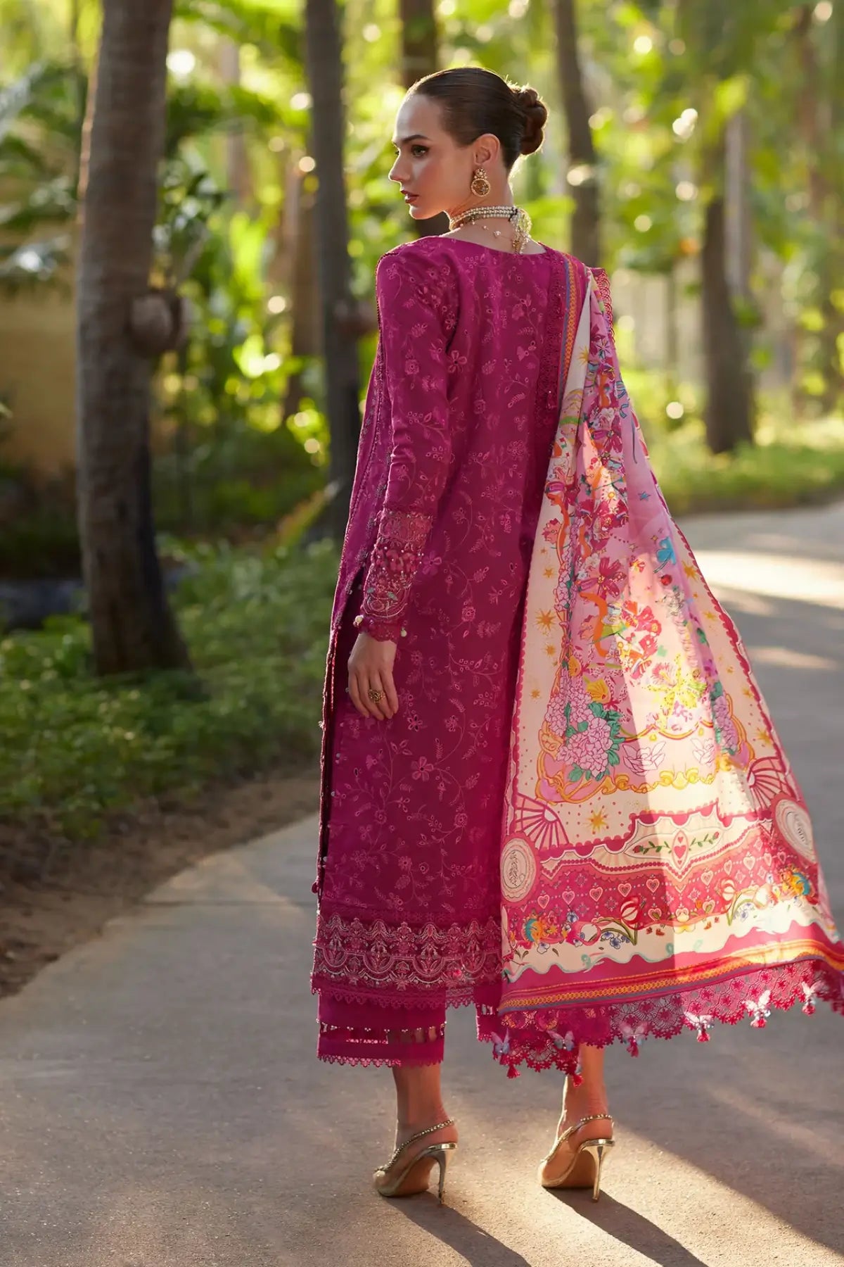 Fuchsia Avelyn stitched lawn 3PC by Kanwal Malik featuring schiffli work at Pakistanimoda