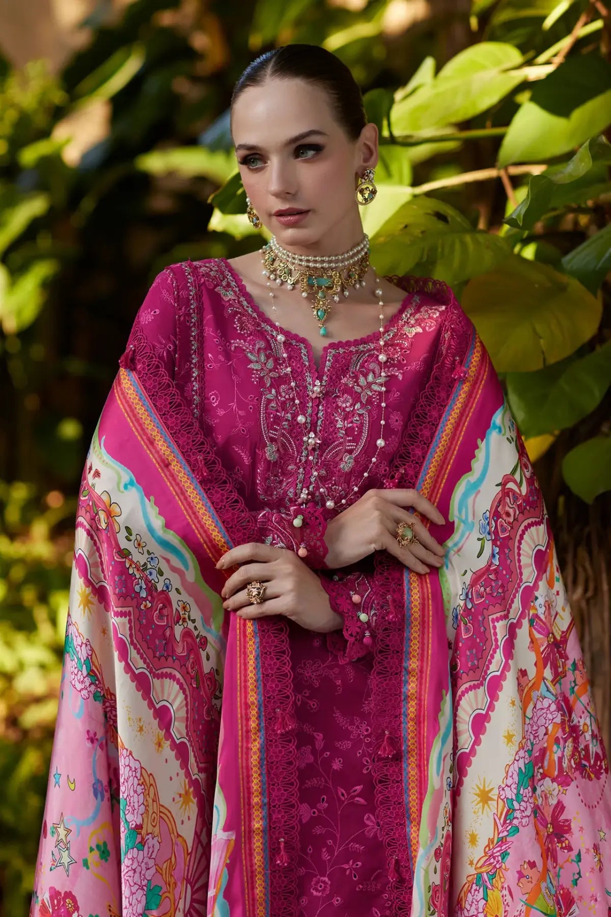 Fuchsia Avelyn stitched lawn 3PC by Kanwal Malik featuring schiffli work at Pakistanimoda