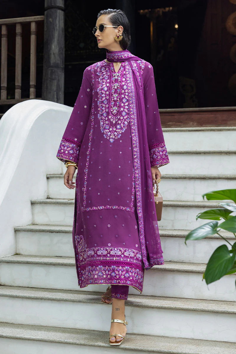 Avenelle purple raw silk embroidered party wear dress with chiffon dupatta – stitched festive outfit.