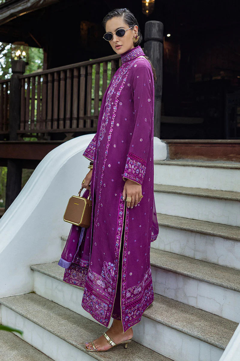 Avenelle purple raw silk embroidered party wear dress with chiffon dupatta – stitched festive outfit.