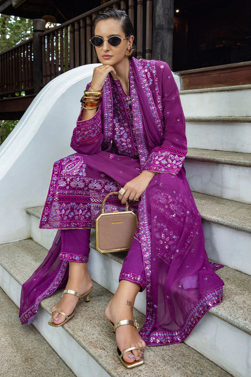 Avenelle purple raw silk embroidered party wear dress with chiffon dupatta – stitched festive outfit.