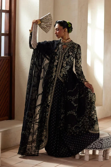 Avinaa black embroidered organza wedding formal gown with blue grey embroidery, gold embellishments, net drape and raw silk trousers