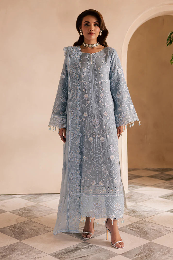 Ice blue embroidered chiffon Pakistani suit with organza accents and raw silk trouser – perfect for formal events and Eid for women in the USA, UK, and Canada.