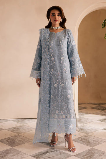 Ice blue embroidered chiffon Pakistani suit with organza accents and raw silk trouser – perfect for formal events and Eid for women in the USA, UK, and Canada.