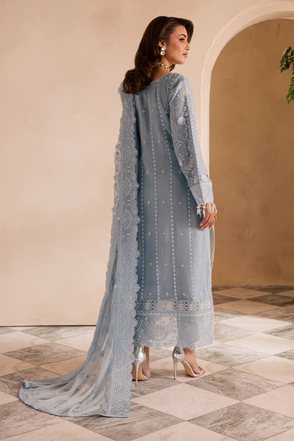 Ice blue embroidered chiffon Pakistani suit with organza accents and raw silk trouser – perfect for formal events and Eid for women in the USA, UK, and Canada.