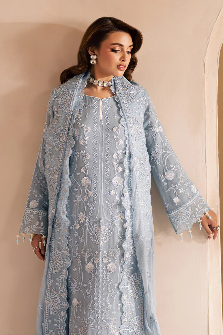Ice blue embroidered chiffon Pakistani suit with organza accents and raw silk trouser – perfect for formal events and Eid for women in the USA, UK, and Canada.