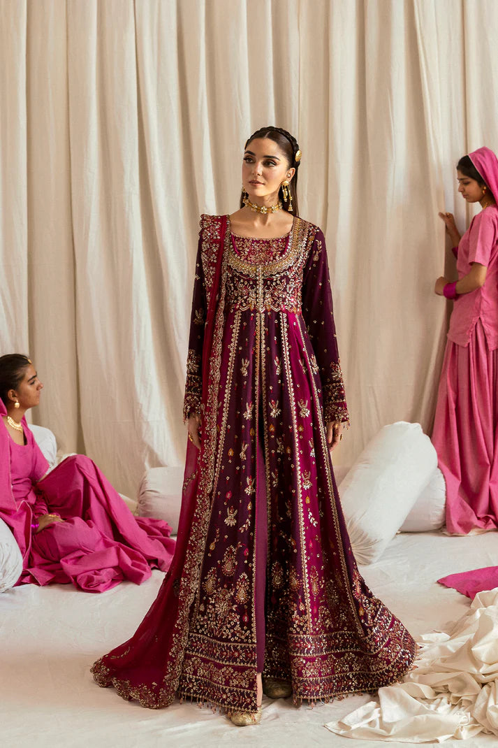 Avoria deep purple chiffon front-open anarkali with raw silk trouser and chiffon dupatta by Emaan Adeel, luxury outfit for weddings and festive parties.