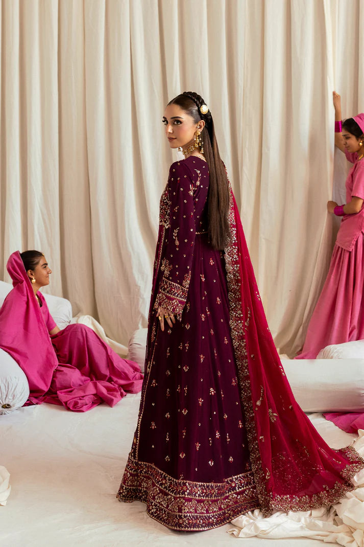 Avoria deep purple chiffon front-open anarkali with raw silk trouser and chiffon dupatta by Emaan Adeel, luxury outfit for weddings and festive parties.