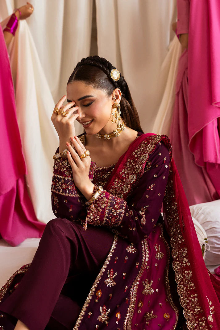 Avoria deep purple chiffon front-open anarkali with raw silk trouser and chiffon dupatta by Emaan Adeel, luxury outfit for weddings and festive parties.