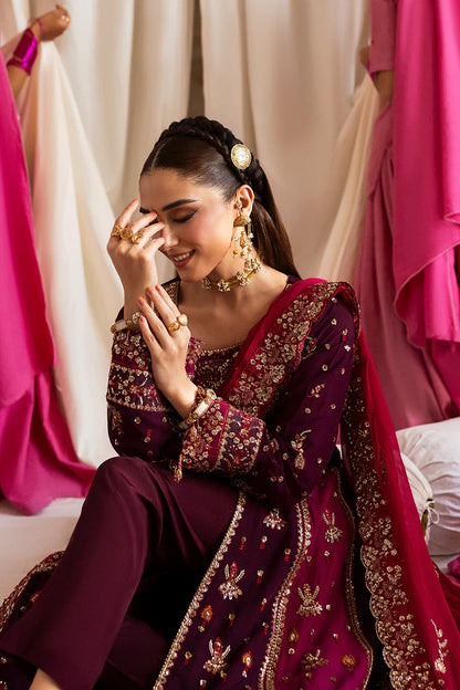 Avoria deep purple chiffon front-open anarkali with raw silk trouser and chiffon dupatta by Emaan Adeel, luxury outfit for weddings and festive parties.