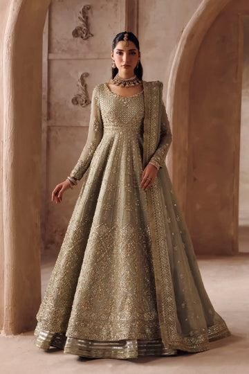 Avyra sage green handworked chiffon wedding stitched Pishwas with embroidered dupatta from Riwayat Bridal Edit 26