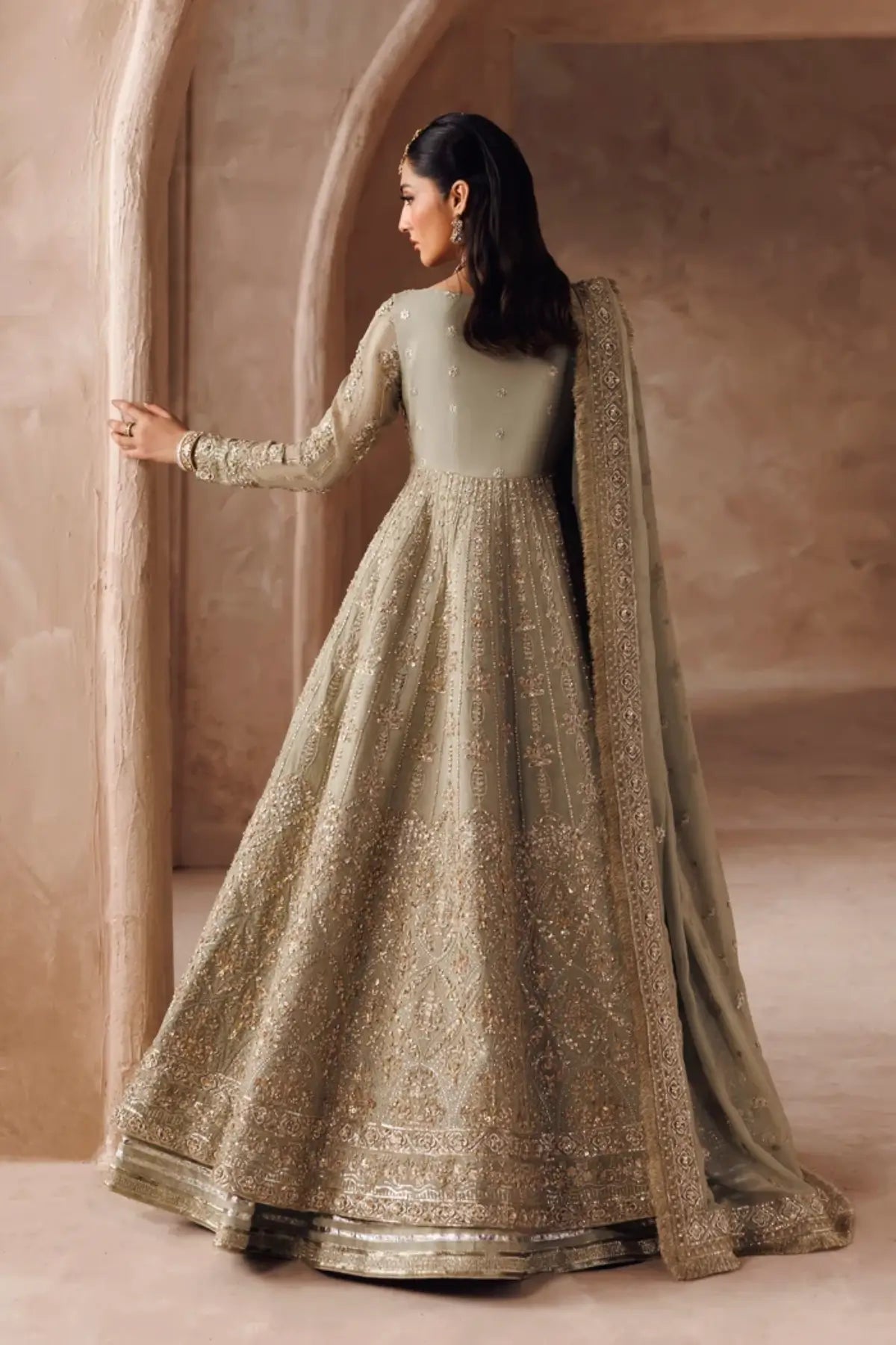 Avyra sage green handworked chiffon wedding stitched Pishwas with embroidered dupatta from Riwayat Bridal Edit 26