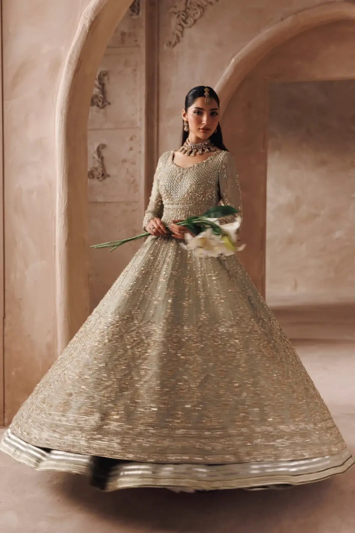 Avyra sage green handworked chiffon wedding stitched Pishwas with embroidered dupatta from Riwayat Bridal Edit 26