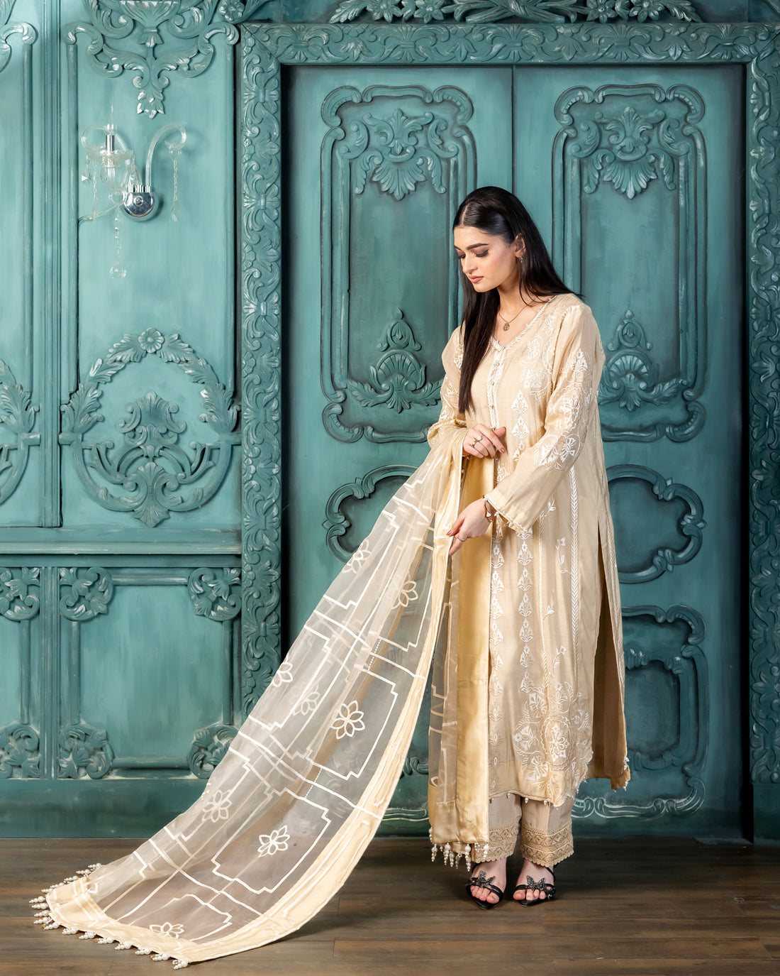 Luxury beige 3PC Pakistani stitched suit MariamRaj at Pakistanimoda