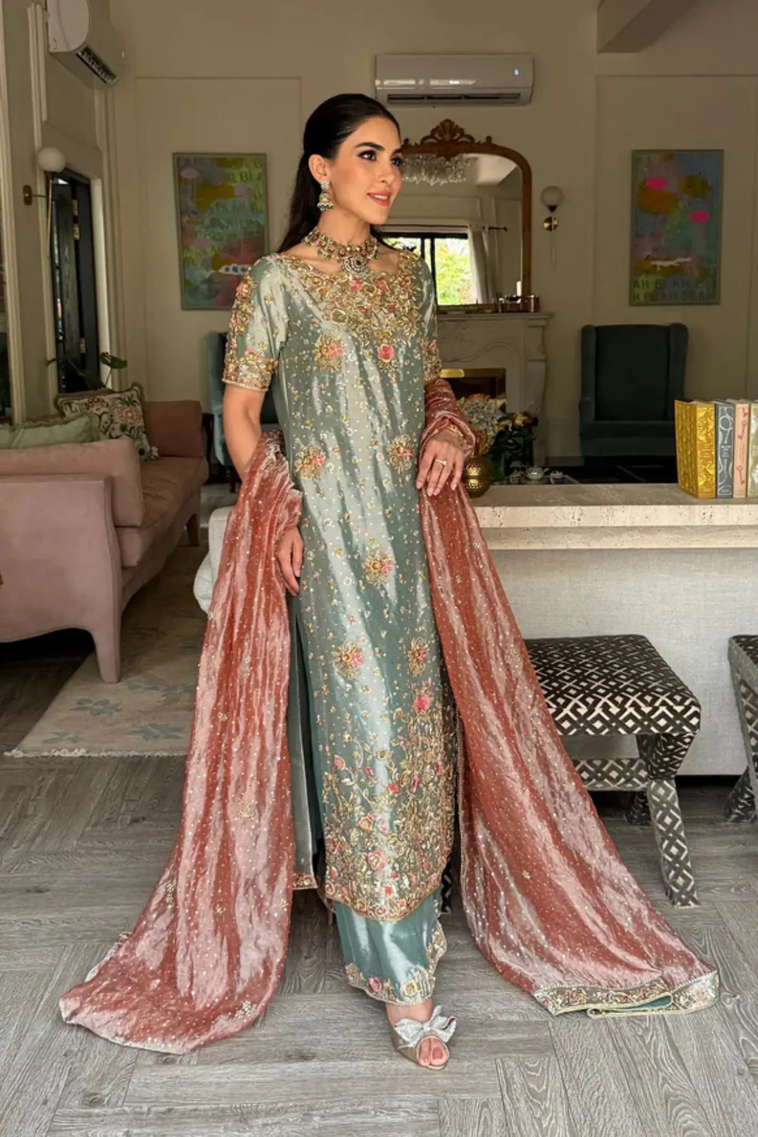 Ayeza blue tissue lameh stitched formal dress with handcrafted zardozi embroidery and elegant peach dupatta.