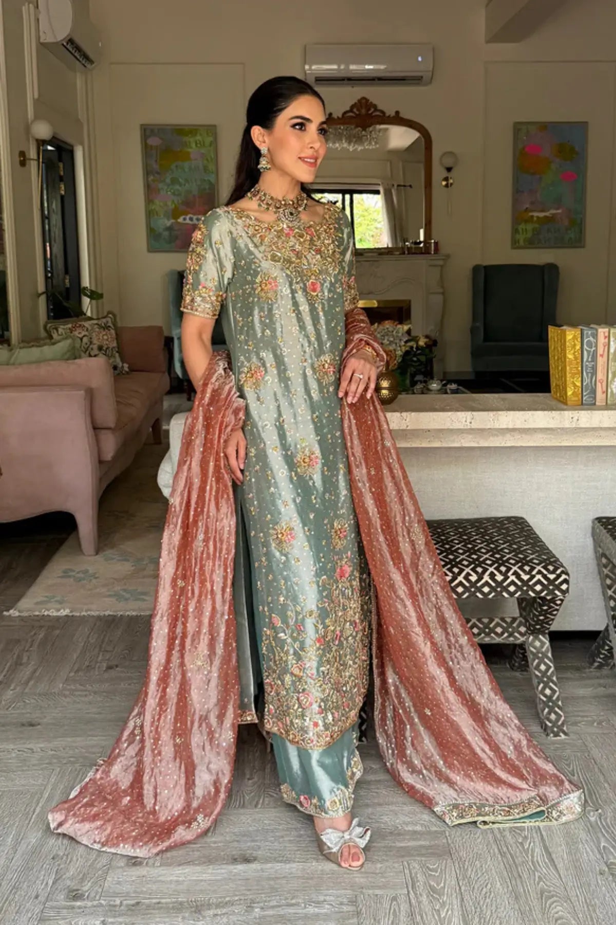 Ayeza blue tissue lameh stitched formal dress with handcrafted zardozi embroidery and elegant peach dupatta.