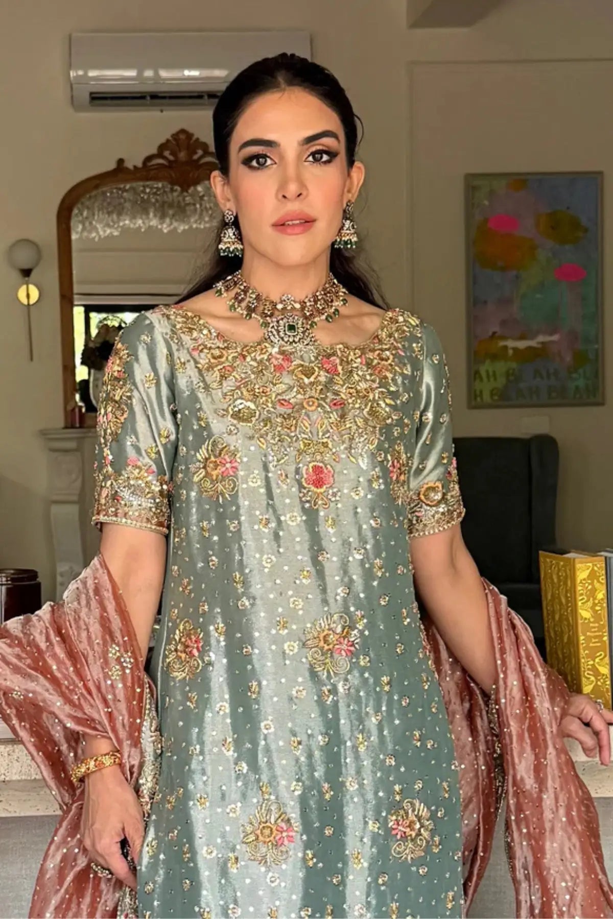 Ayeza blue tissue lameh stitched formal dress with handcrafted zardozi embroidery and elegant peach dupatta.