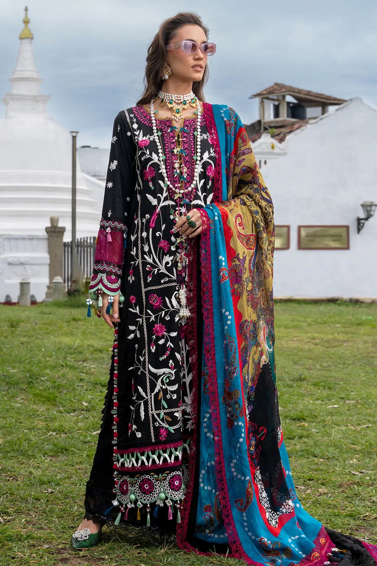 Annus Abrar Ayla premium black lawn outfit with chiffon dupatta