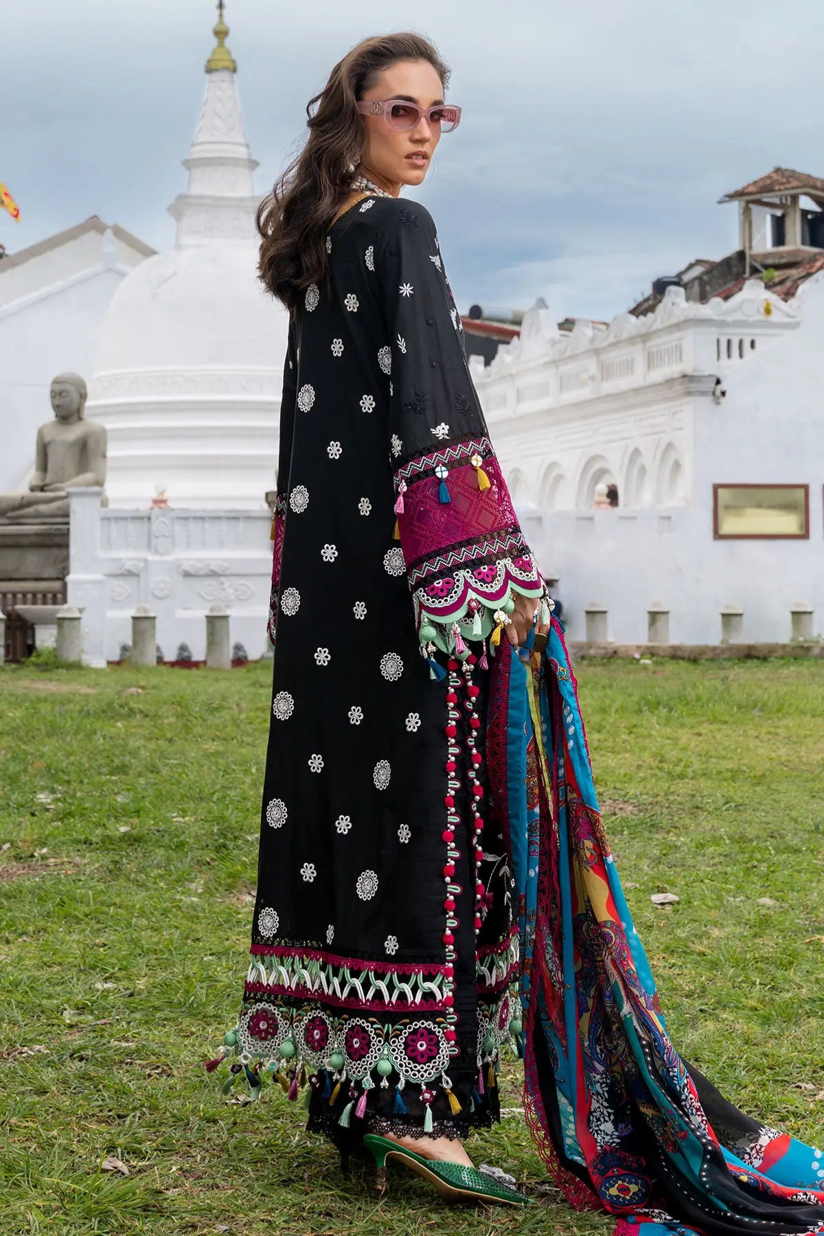 Annus Abrar Ayla premium black lawn outfit with chiffon dupatta