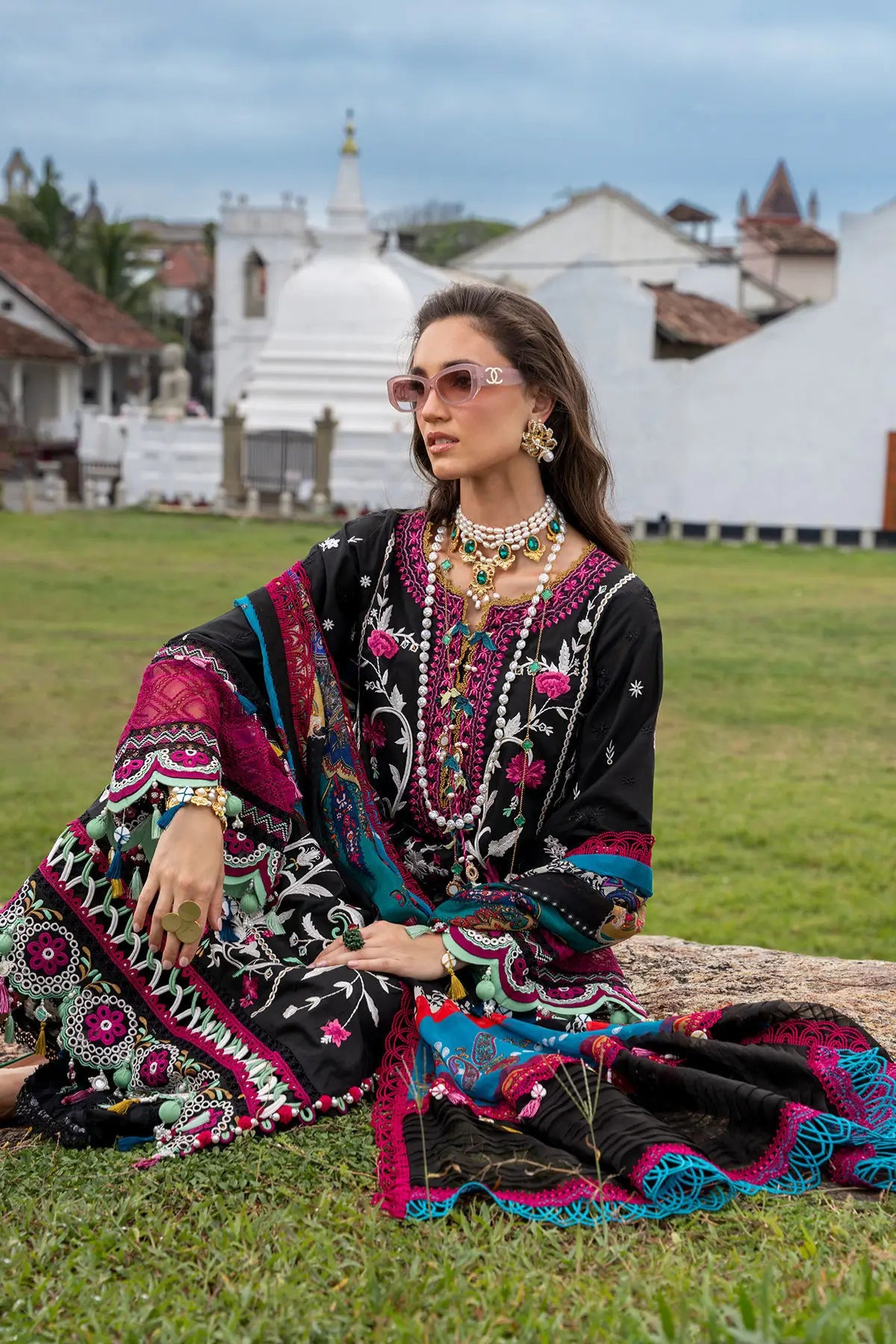 Annus Abrar Ayla premium black lawn outfit with chiffon dupatta