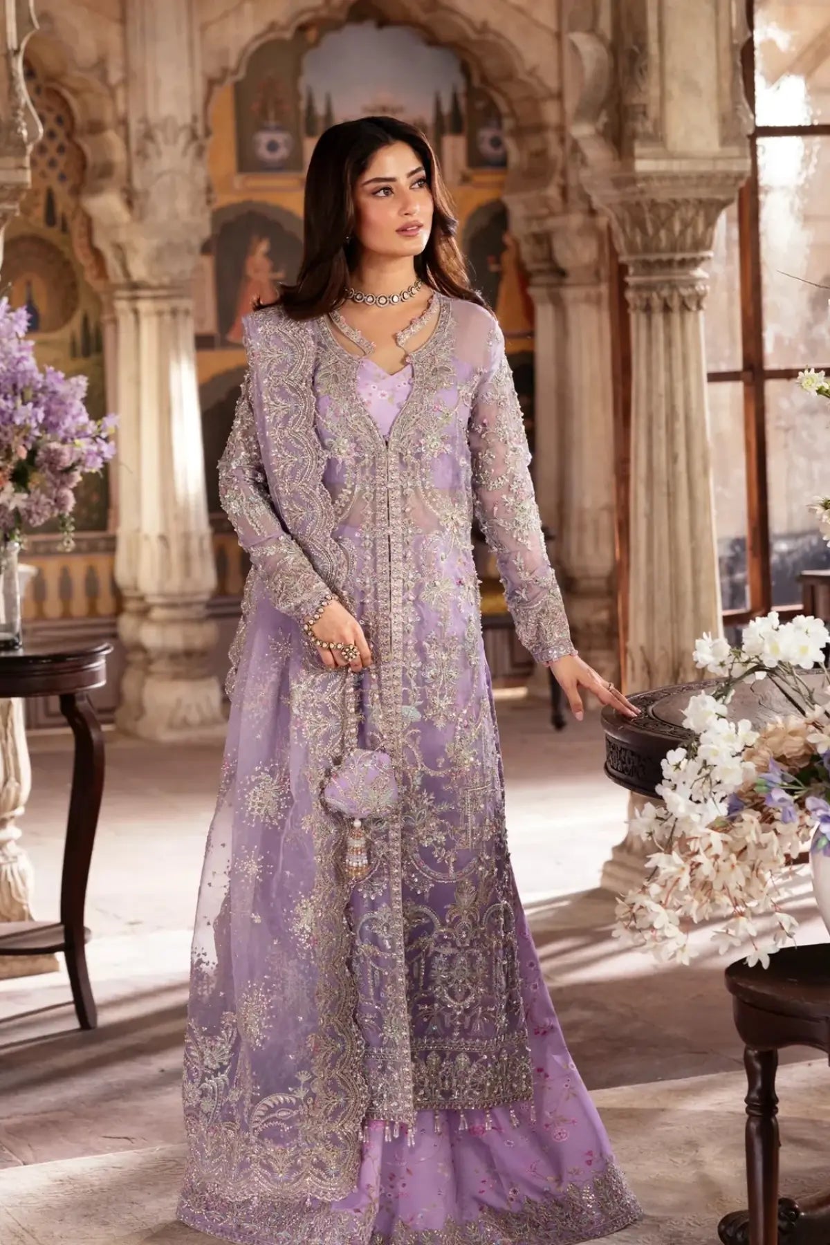 Ayla Lavender Embellished Long Jacket with Printed Flared Pants – Kanwal Malik Maahi Festive 26