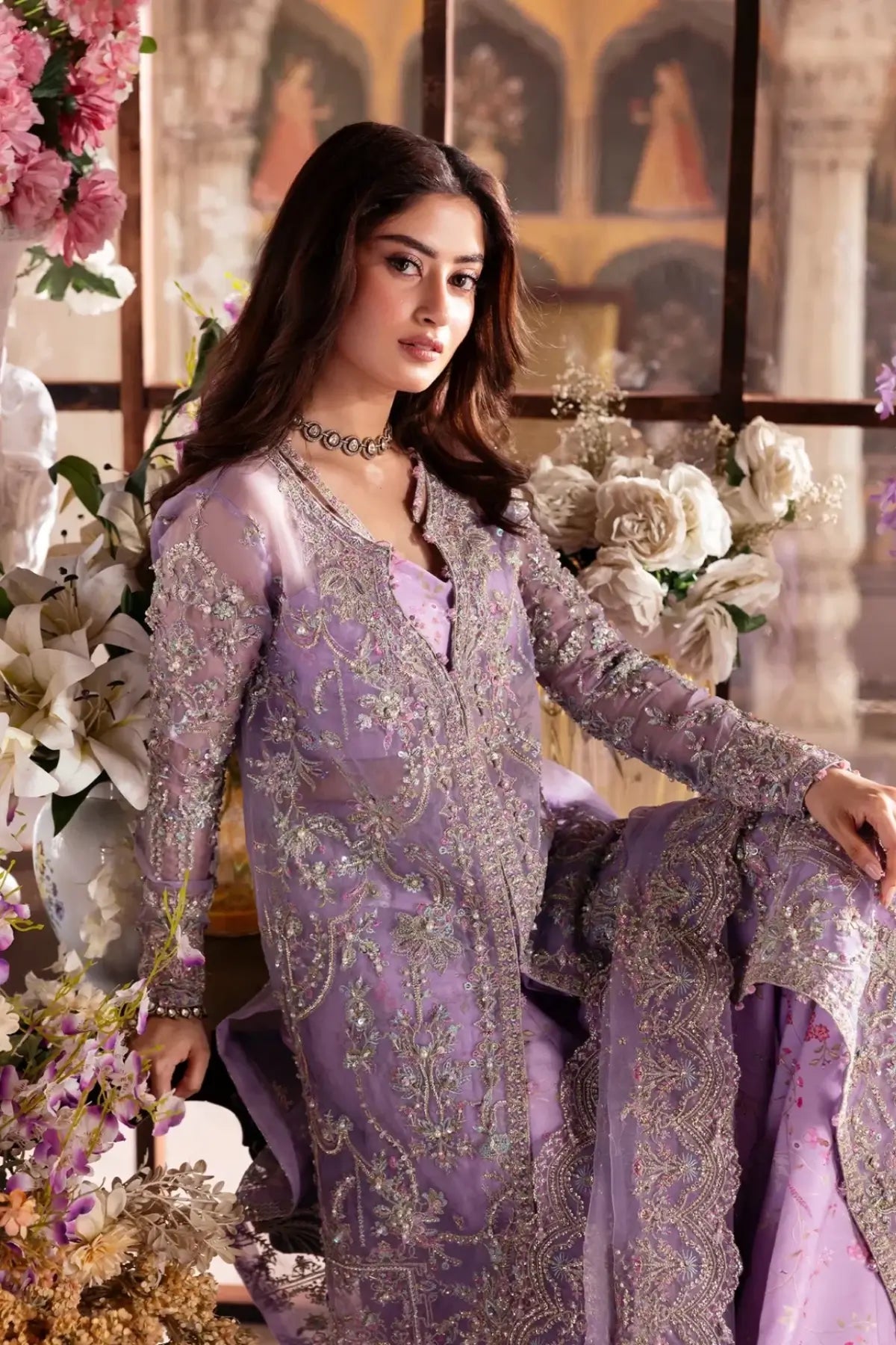 Ayla Lavender Embellished Long Jacket with Printed Flared Pants – Kanwal Malik Maahi Festive 26