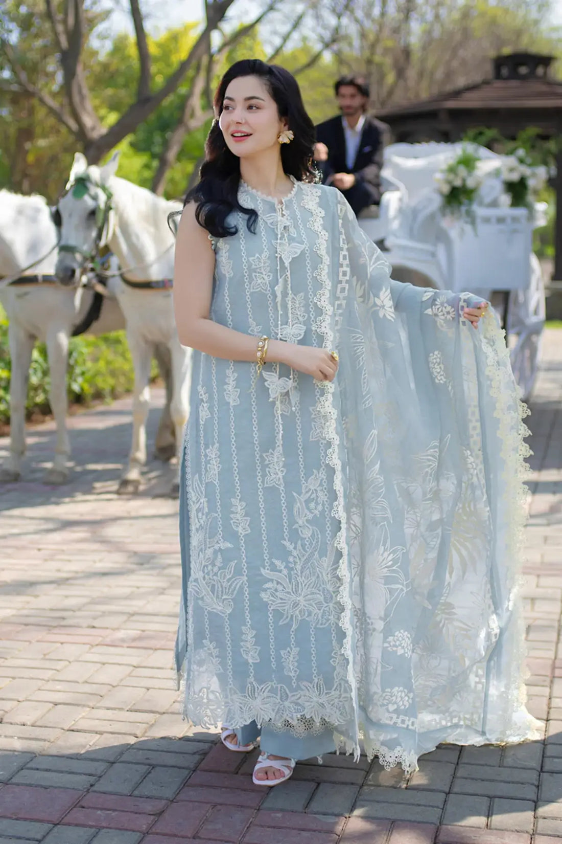 Ayla mist blue embroidered lawn stitched 3PC suit with dupatta for Eid and festive wear by Rang Rasiya