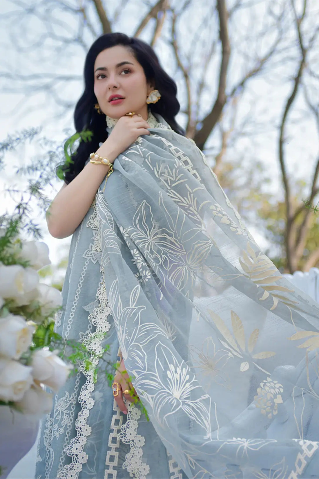 Ayla mist blue embroidered lawn stitched 3PC suit with dupatta for Eid and festive wear by Rang Rasiya
