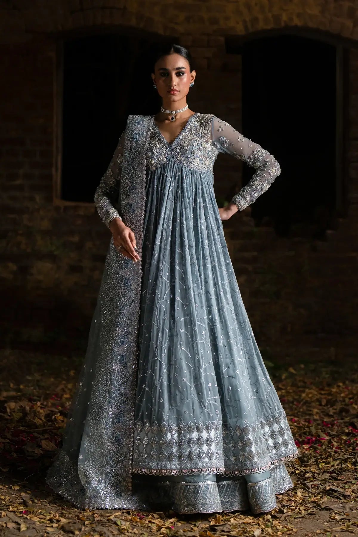 ce blue organza stitched lehenga outfit by Nyra for elegant Eid soirées.