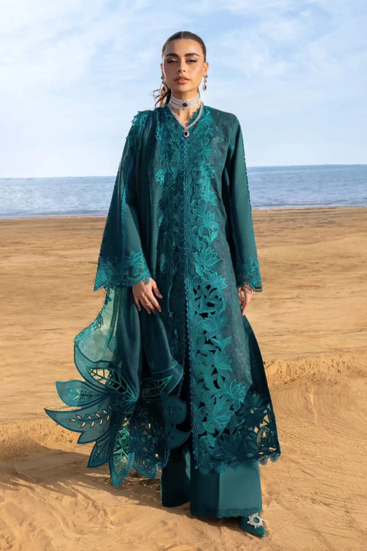 Teal lawn outfit Ayleen by Rang Rasiya featuring organza cutwork and embroidery