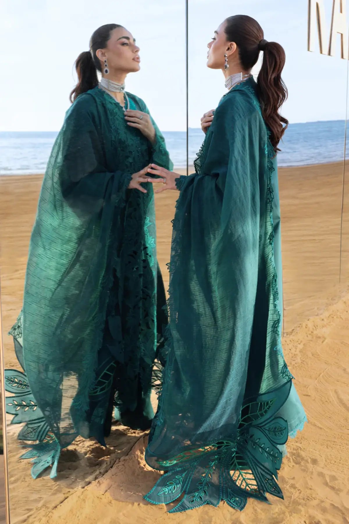 Teal lawn outfit Ayleen by Rang Rasiya featuring organza cutwork and embroidery