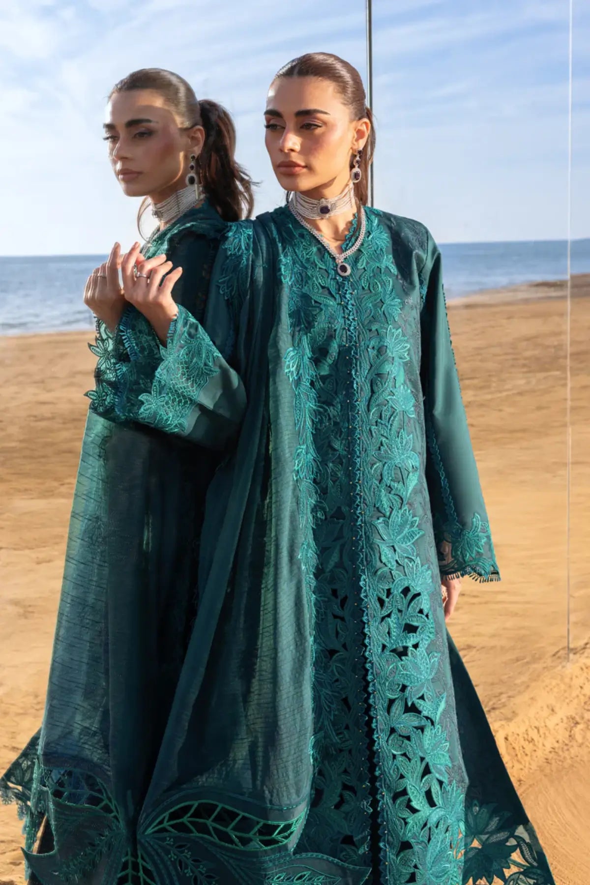 Teal lawn outfit Ayleen by Rang Rasiya featuring organza cutwork and embroidery