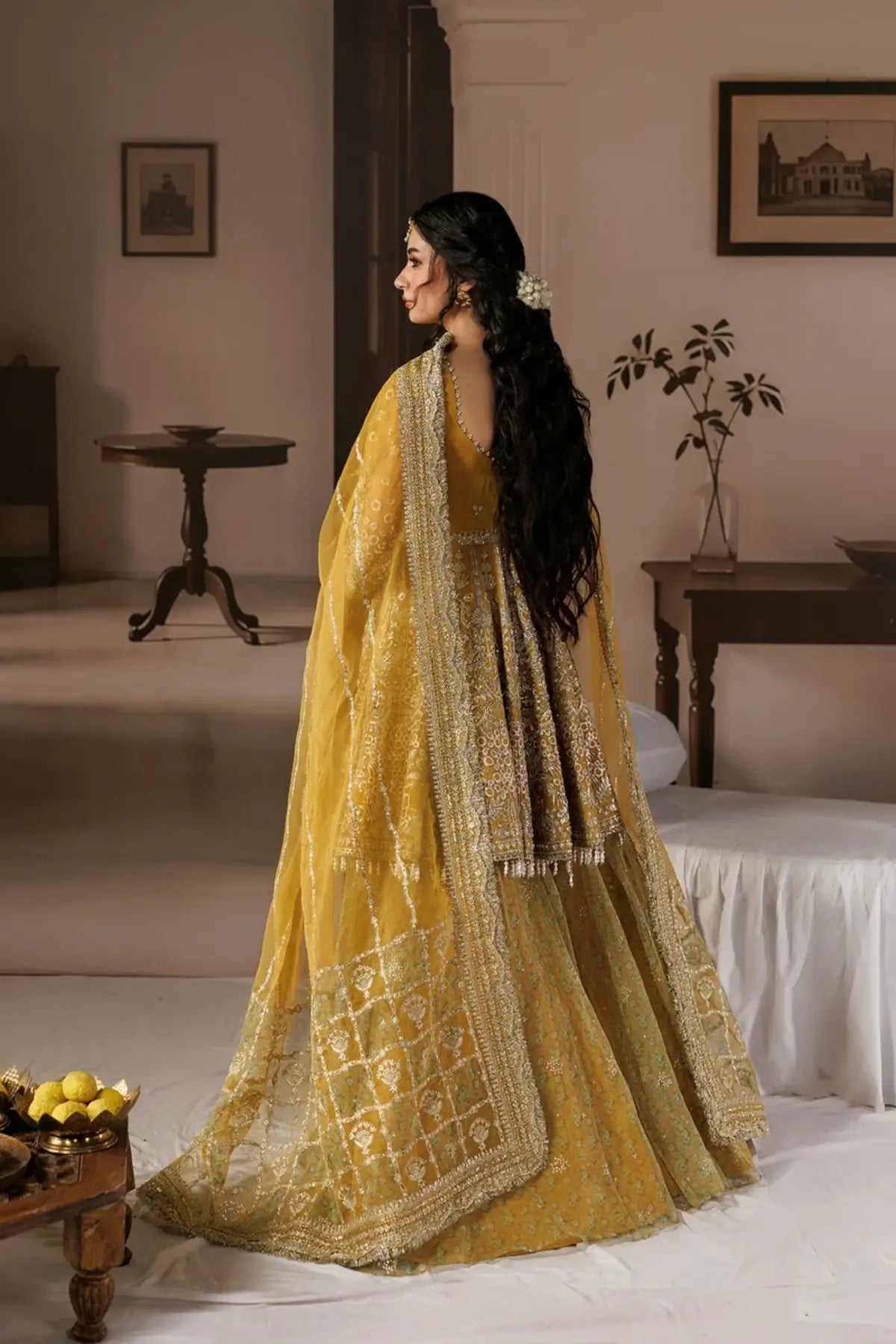 Aylin golden embroidered organza stitched wedding sharara suit with intricate silver detailing and embellished organza dupatta