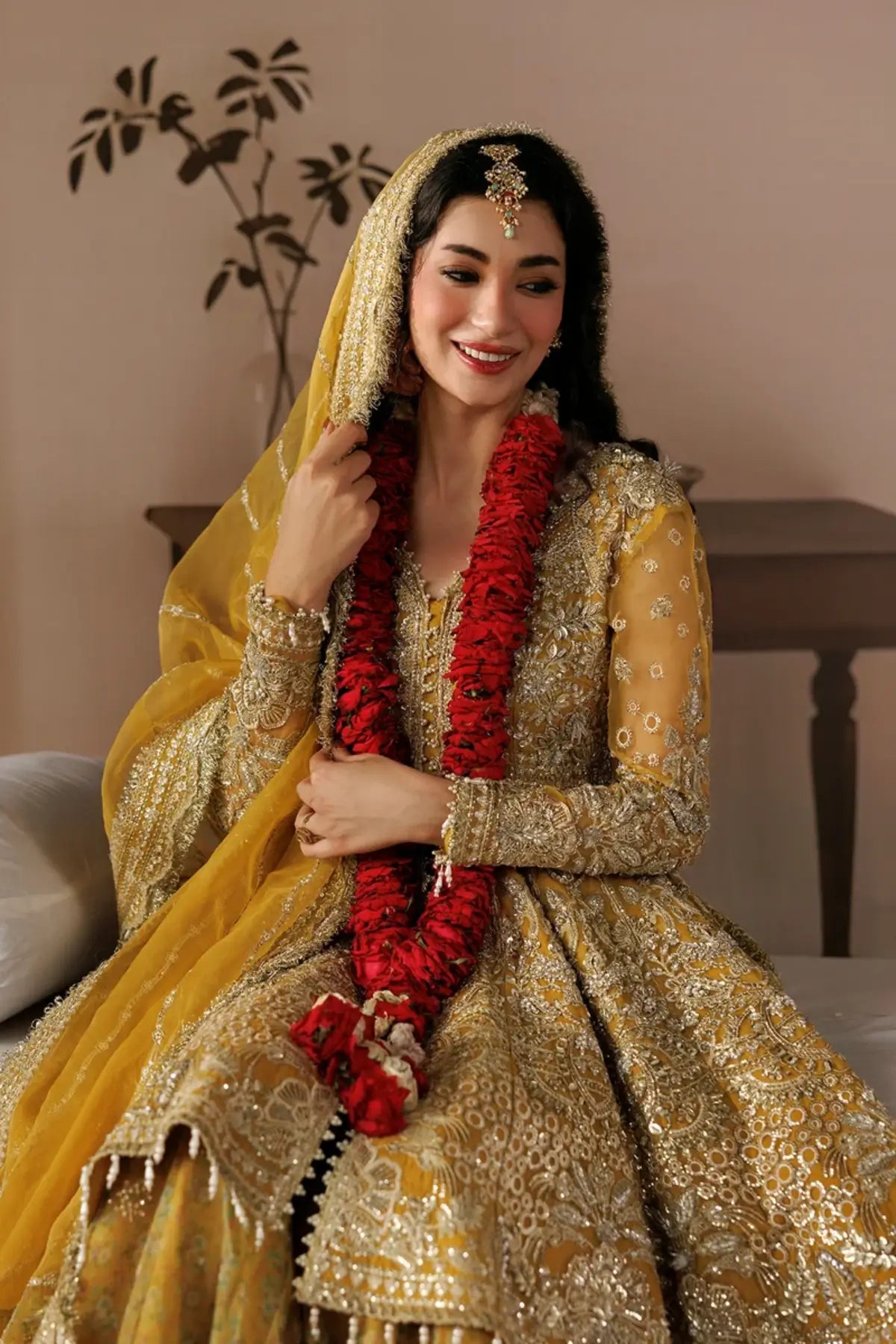 Aylin golden embroidered organza stitched wedding sharara suit with intricate silver detailing and embellished organza dupatta