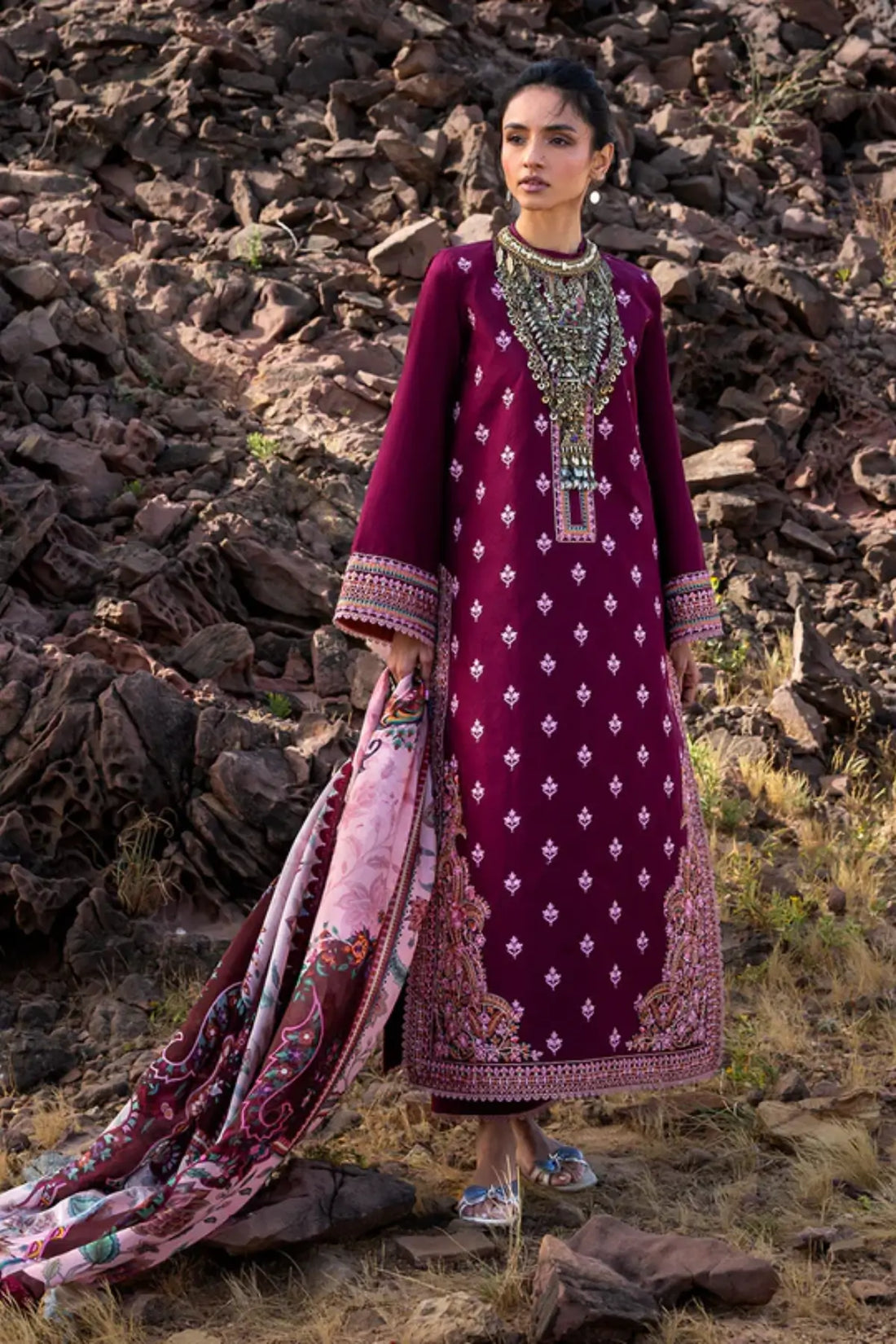 Aylin by Zainab Chottani maroon chikankari stitched lawn 3PC with jacquard kurta and silk dupatta