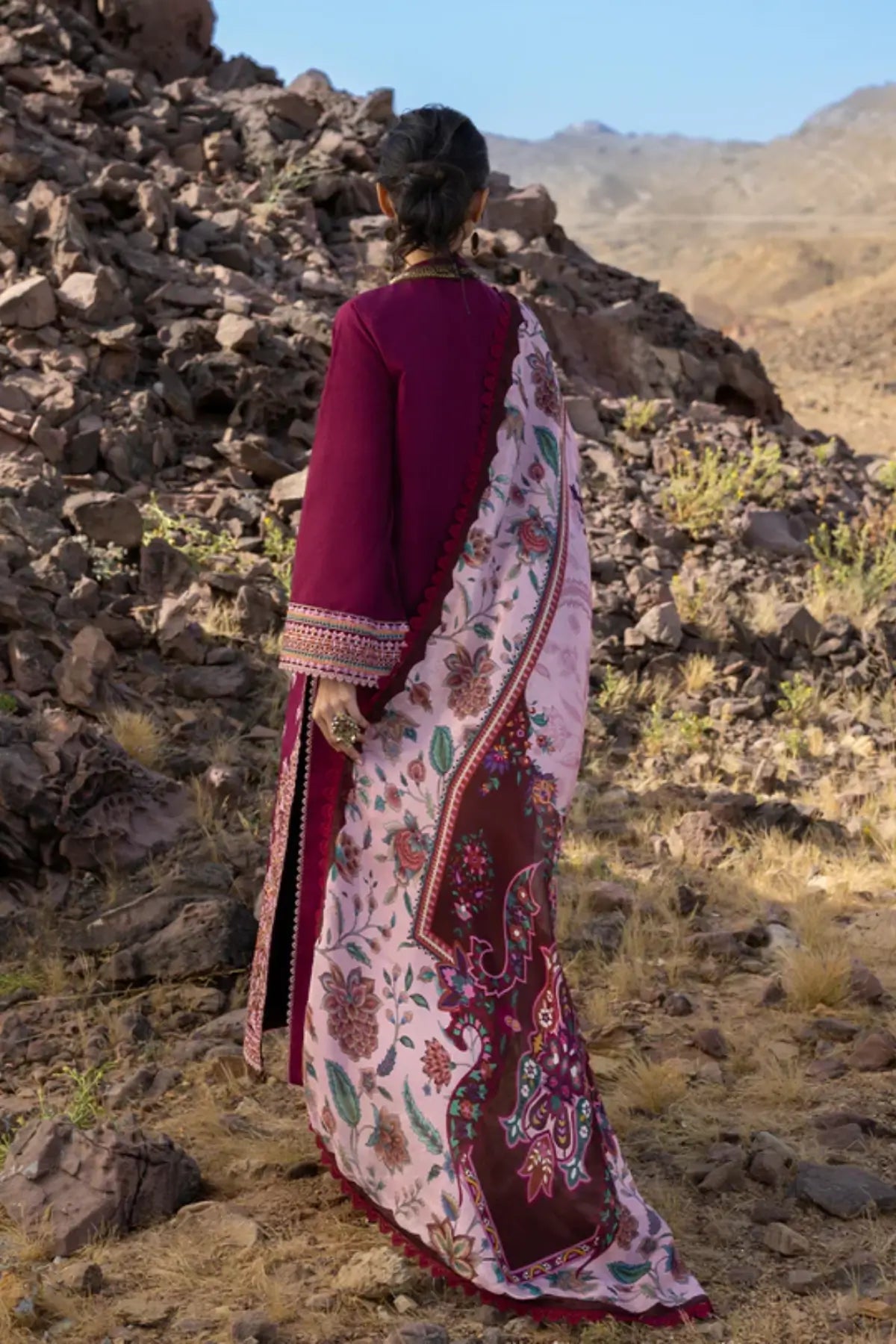 Aylin by Zainab Chottani maroon chikankari stitched lawn 3PC with jacquard kurta and silk dupatta