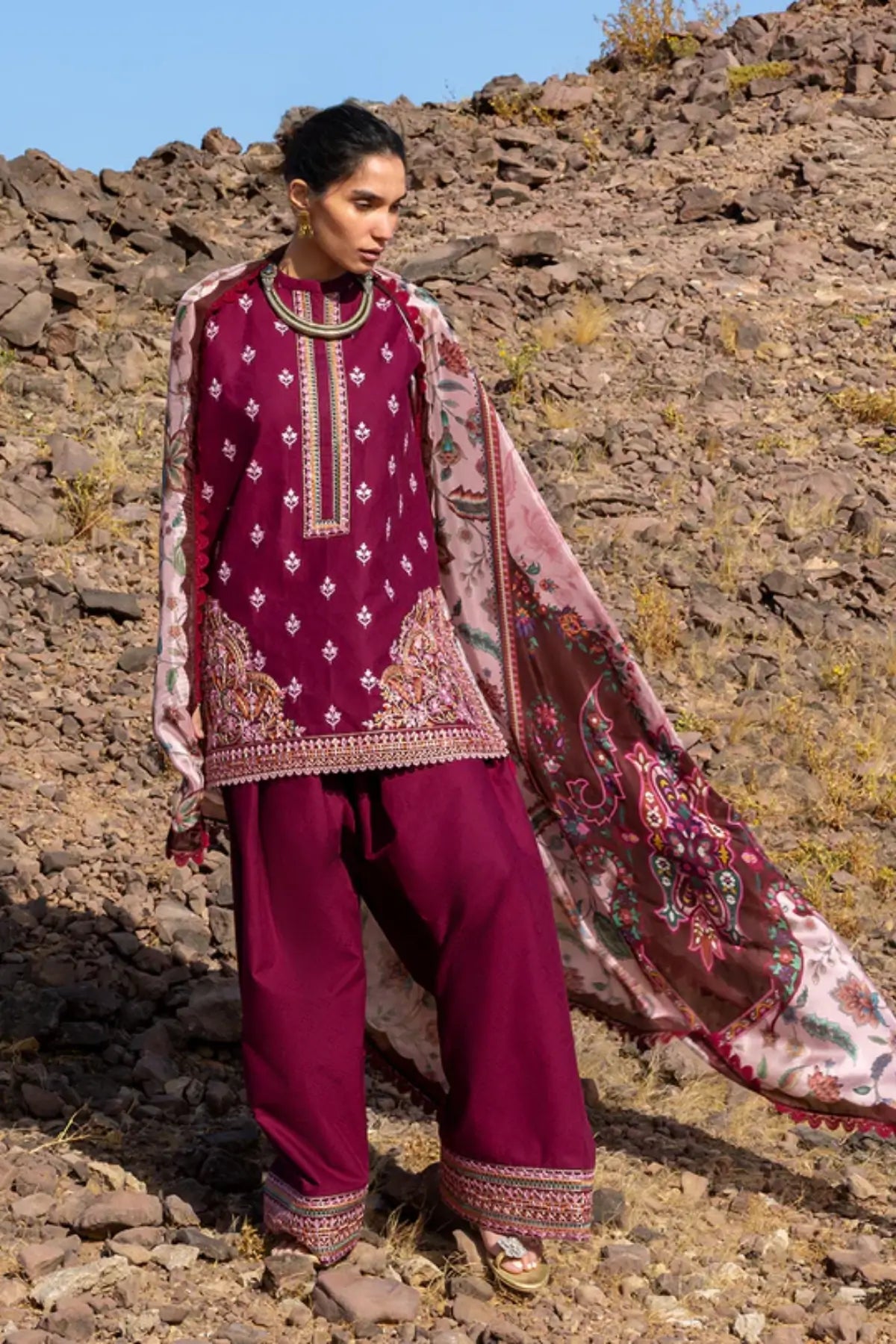 Aylin by Zainab Chottani maroon chikankari stitched lawn 3PC with jacquard kurta and silk dupatta