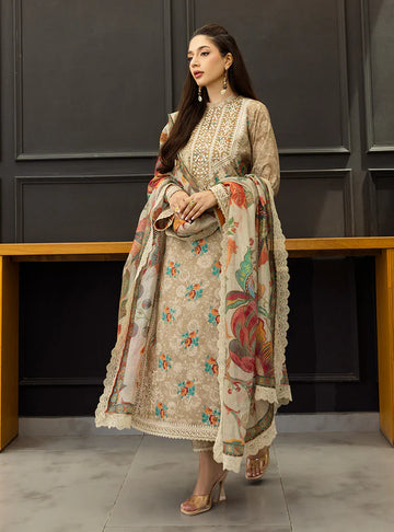 Aymah-Elegant Light Brown Printed 3- piece Lawn Suit By-Zainab Chottani
