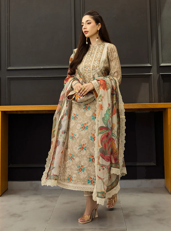 Aymah-Elegant Light Brown Printed 3- piece Lawn Suit By-Zainab Chottani