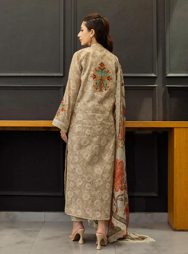 Aymah-Elegant Light Brown Printed 3- piece Lawn Suit By-Zainab Chottani