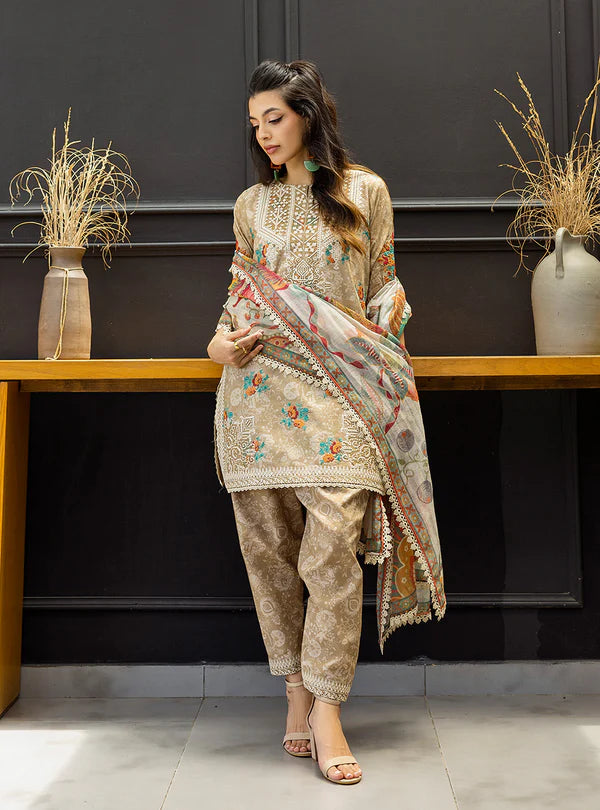 Aymah-Elegant Light Brown Printed 3- piece Lawn Suit By-Zainab Chottani